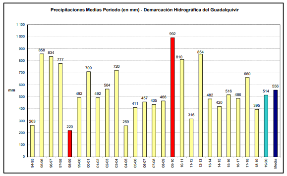 Serie histórica de la precipitación media acumulada (años hidrológicos)